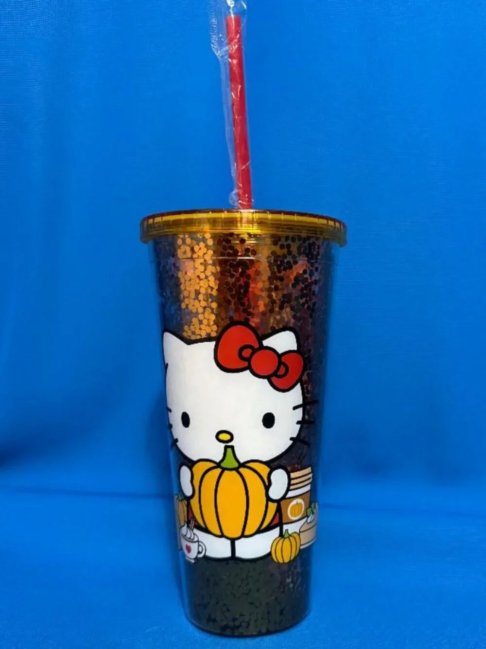 NEW HELLO KITTY PUMPKIN SPICE & PUMPKINS DOUBLE WALLED SEQUIN 32 OZ TUMBLER CUP